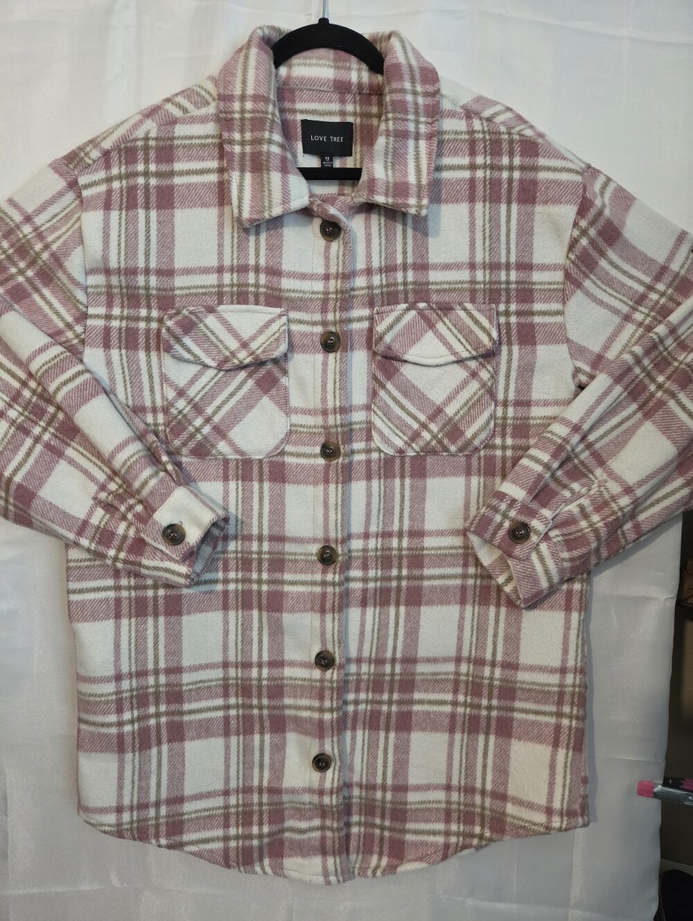 Love Tree White and Pink Plaid Button-Front Shirt Jacket M